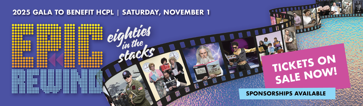 Promotional banner for the 21st Annual Foundation Gala to benefit Harford County Public Library on Saturday, November 1, 7:00–10:00 PM at Abingdon Library. Tickets and sponsorships available. The theme is Epic Rewind: Eighties in the Stacks.