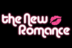 The New Romance logo in bright pink text with a pink lip print on a black background